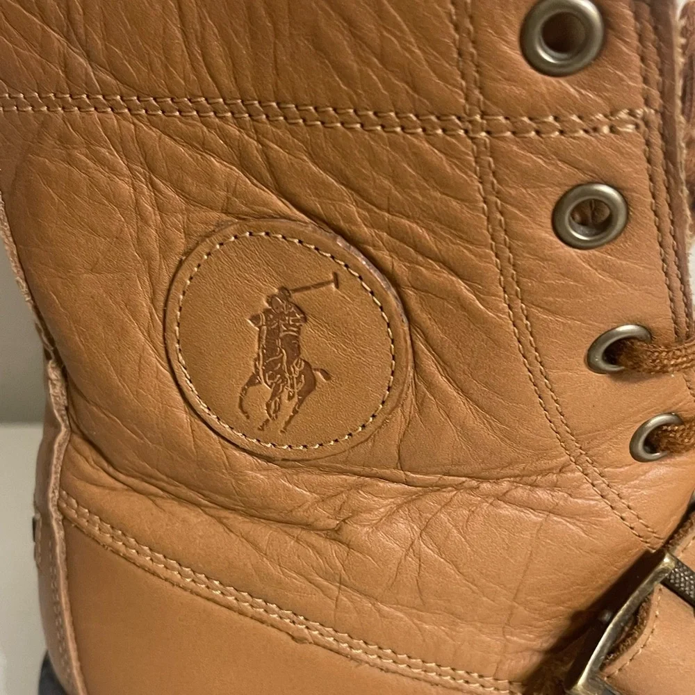 Ralph Lauren Tan Leather Ranger Buckled Lace up‎ Boots with Teal Lining Size 6